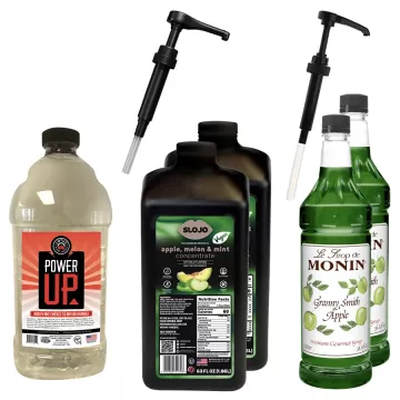 2 - SloJo Apple, Melon & Mint Concentrate, 2 - Monin Granny Smith Syrup, 1 - Lotus Power Up, & Pumps